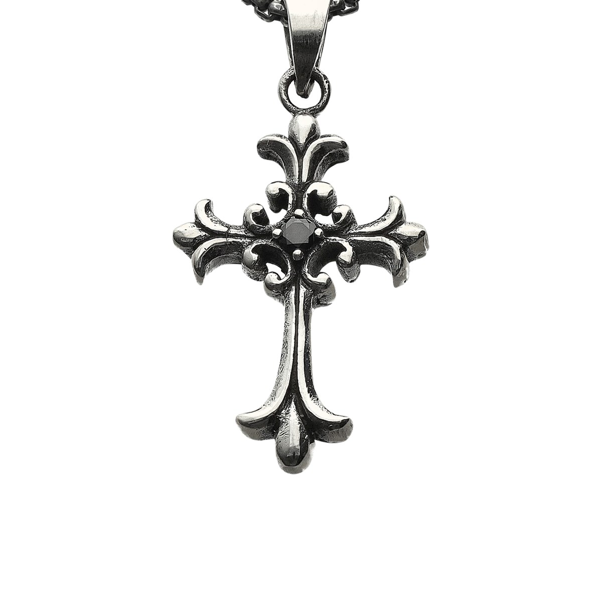 Collier Argent Massif Croix Gothique Pierre Zirconium Noir - vue 2