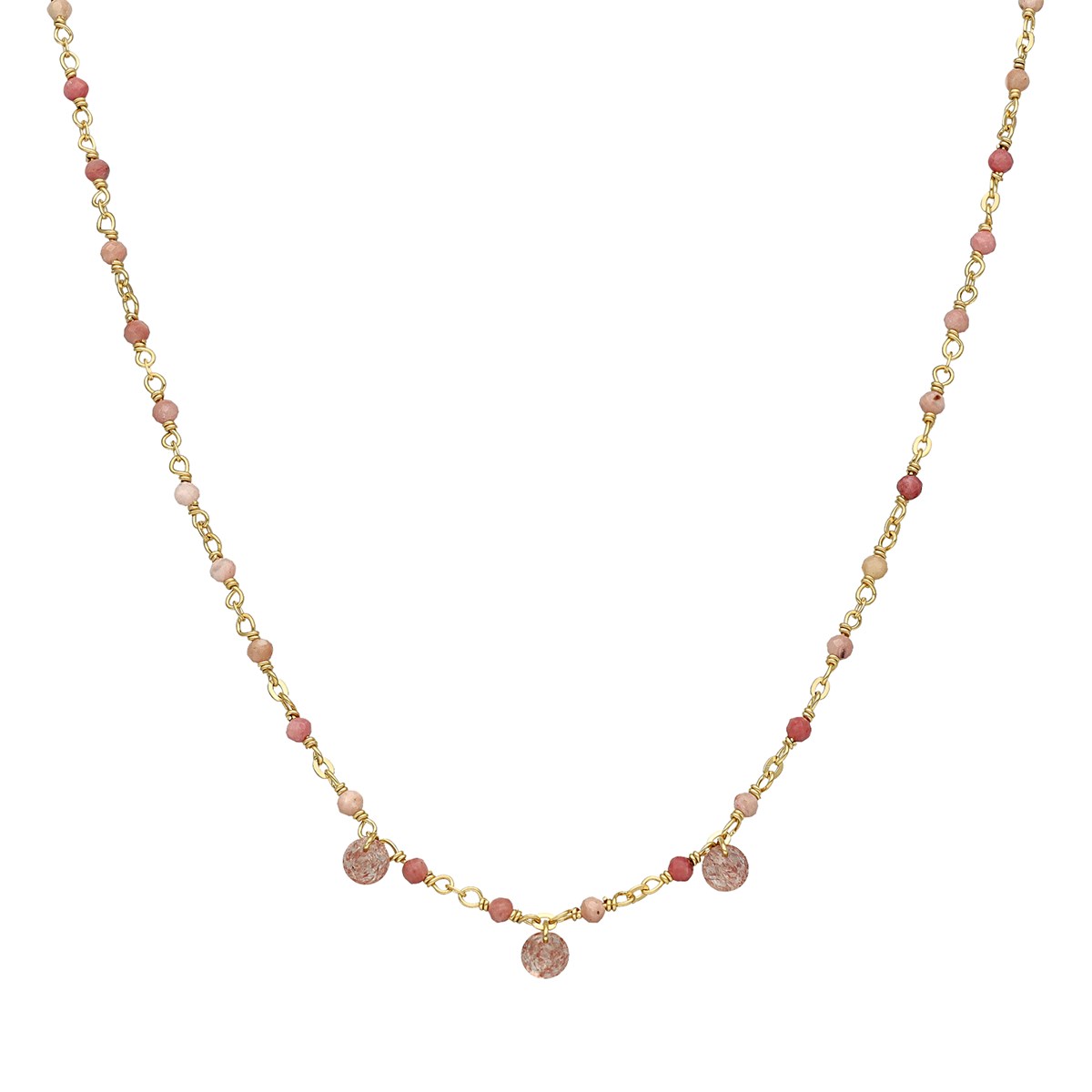 Collier En Argent Doré Pierres Naturelles Quartz Rose Fraise Pampilles Quartz Rose Fraise