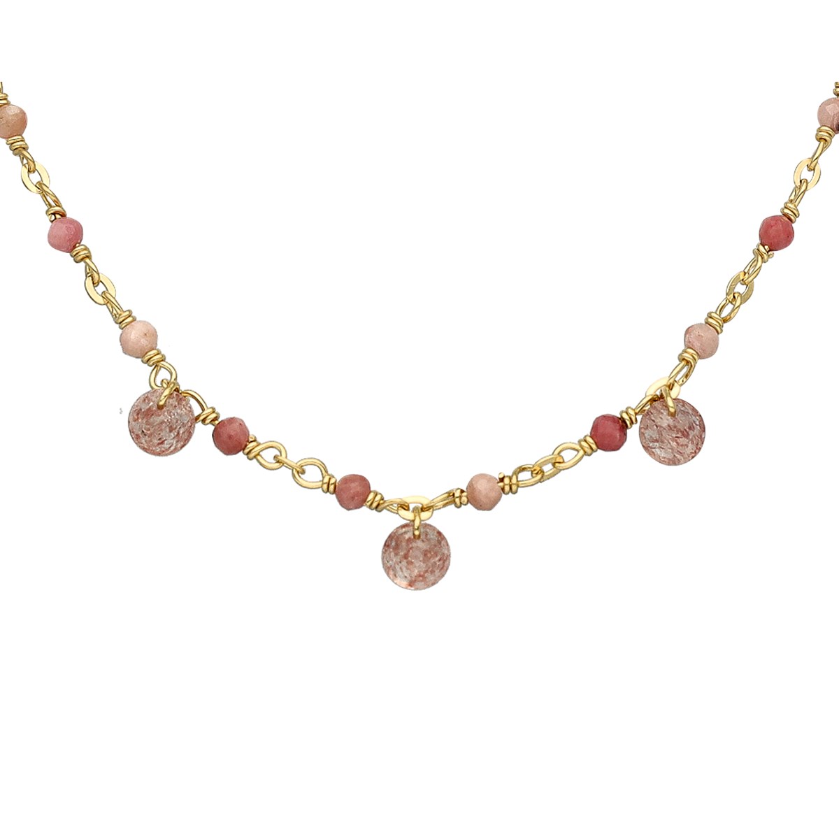 Collier En Argent Doré Pierres Naturelles Quartz Rose Fraise Pampilles Quartz Rose Fraise - vue 2