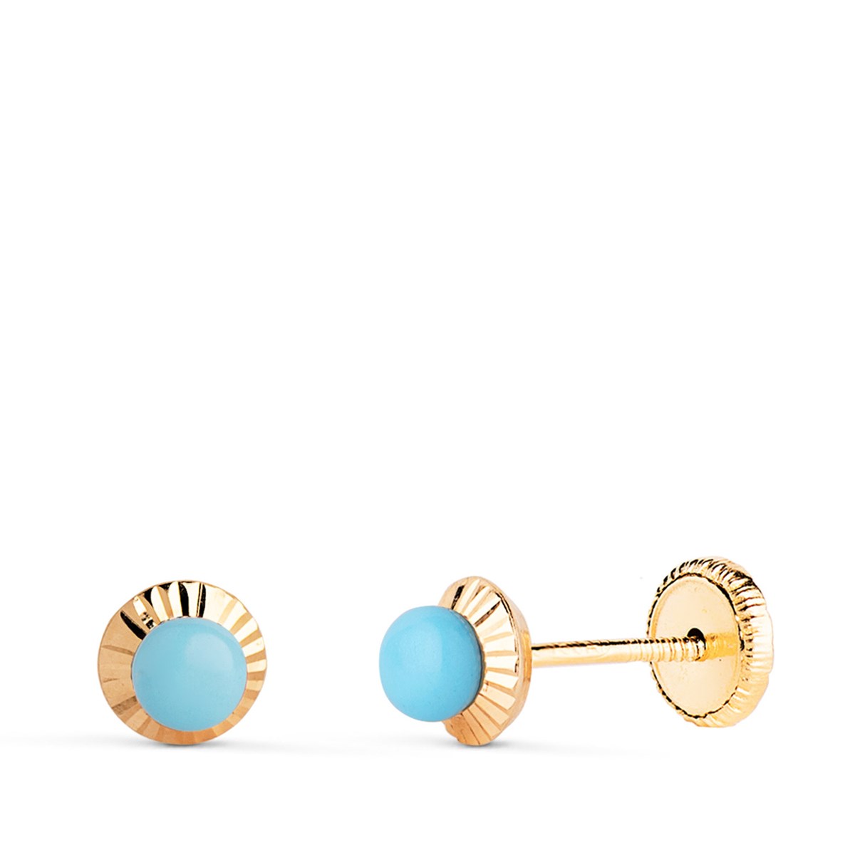 Boucles d'Oreilles Or 18 Carats 750/000 Jaune Bord Sculpté - Turquoise