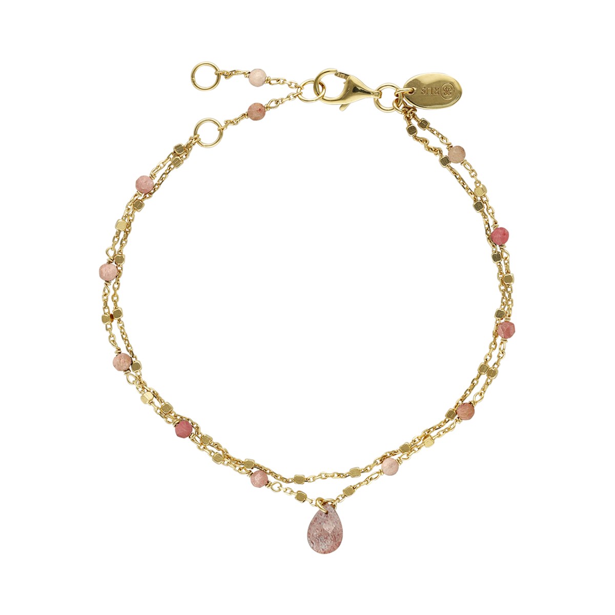 Bracelet En Argent Doré Double Chaine Pierres Naturelles Quartz Rose Goutte Quartz Rose Fraise