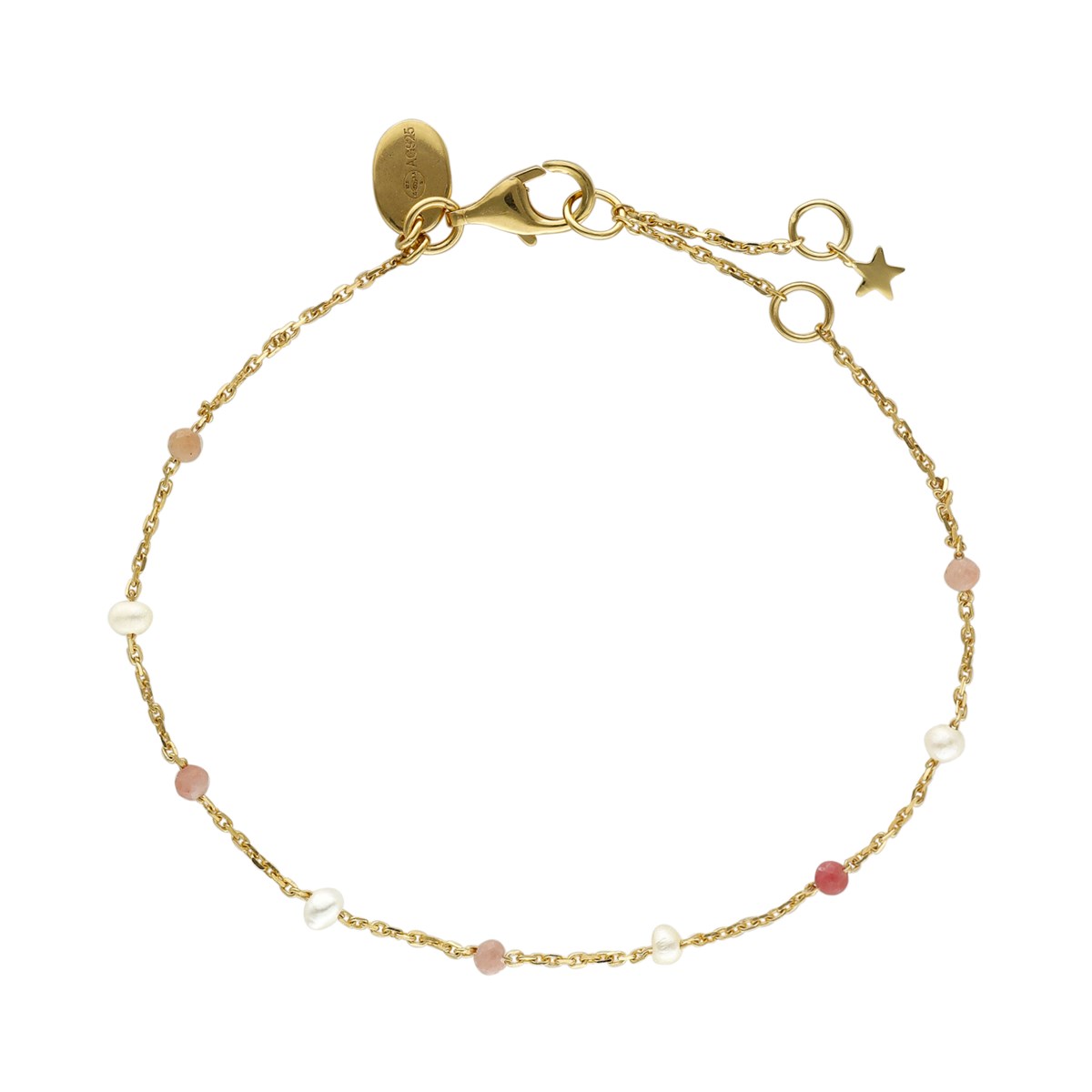 Bracelet En Argent Doré Pierres Naturelles Quartz Rose Fraise Et Perles Naturelles Blanche