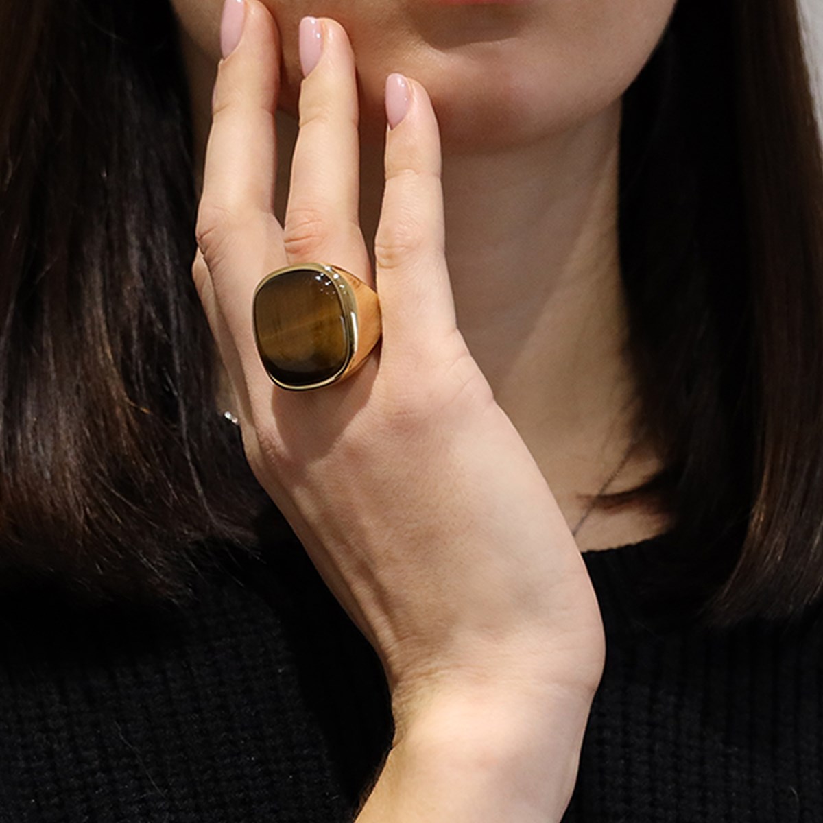 Bague à Volume Carrée En Argent Doré Et Pierre Naturelle oeil De Tigre - vue 2