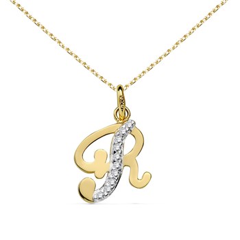 Pendentif Or 18 Carats 750 Jaune Pavé de Zirconiums - Initiale Lettre 'R' - Chaine Offerte
