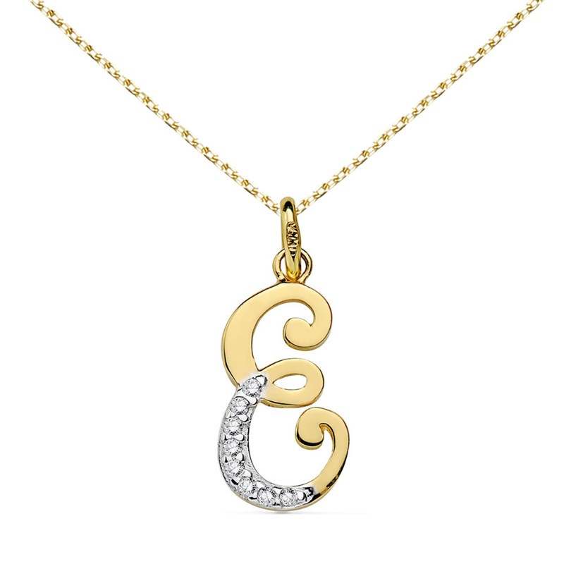 Pendentif Or 18 Carats 750 Jaune Pavé de Zirconiums - Initiale Lettre 'E' - Chaine Offerte