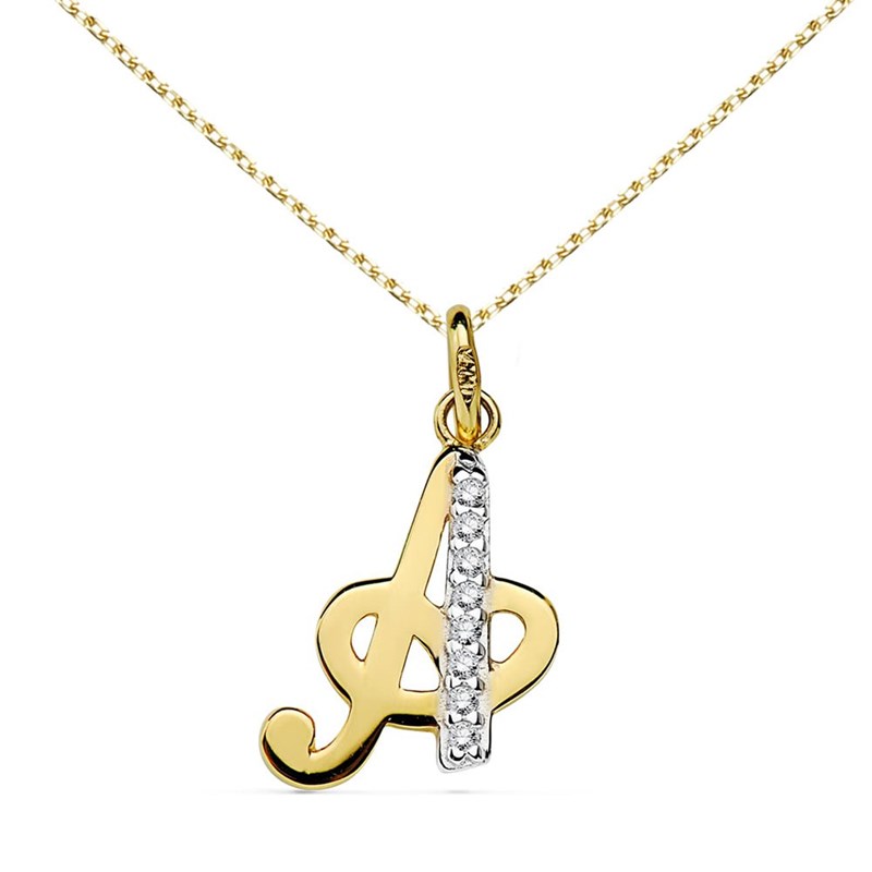 Pendentif Or 18 Carats 750 Jaune Pavé de Zirconiums - Initiale Lettre 'A' - Chaine Offerte