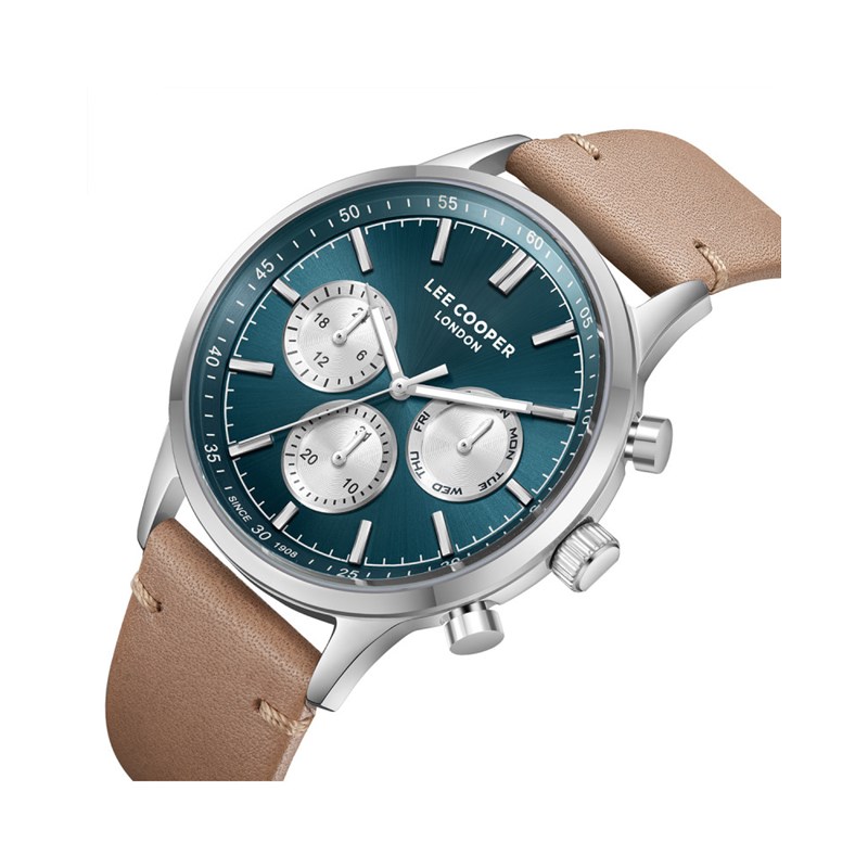 TYLER - Montre Homme - Analogique Mouvement Multifonction - Boitier rond en métal - Bracelet en cuir italien marron - vue 2