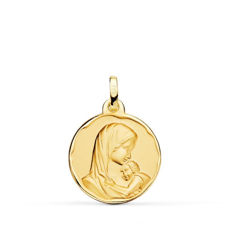 Médaille Or 18 Carats 750 Jaune Vierge à l'Enfant 18mm - Chaîne et Gravure Offertes