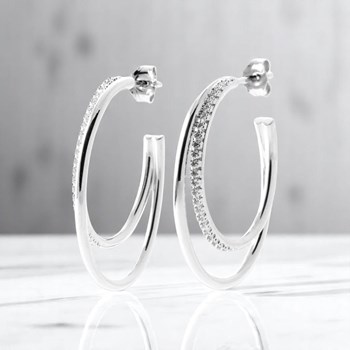 Boucles d'oreilles Créole oxyde de zirconium 2 rangs Argent 925 Rhodié