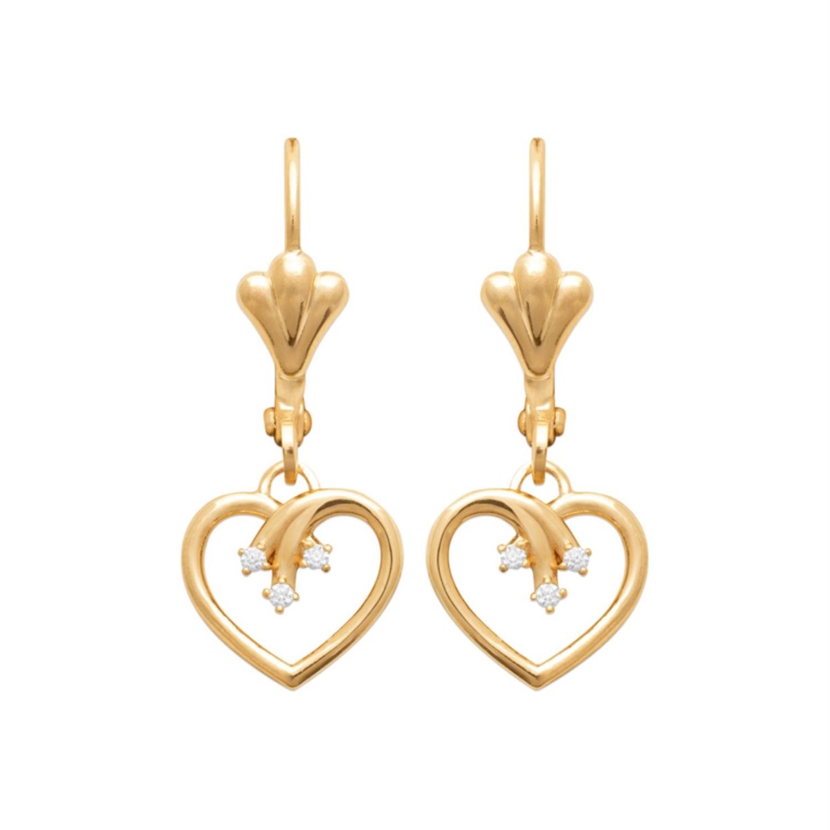 Boucles d'oreilles coeur 3 branches d'oxydes de zirconium dormeuses Plaqué OR 750 3 microns