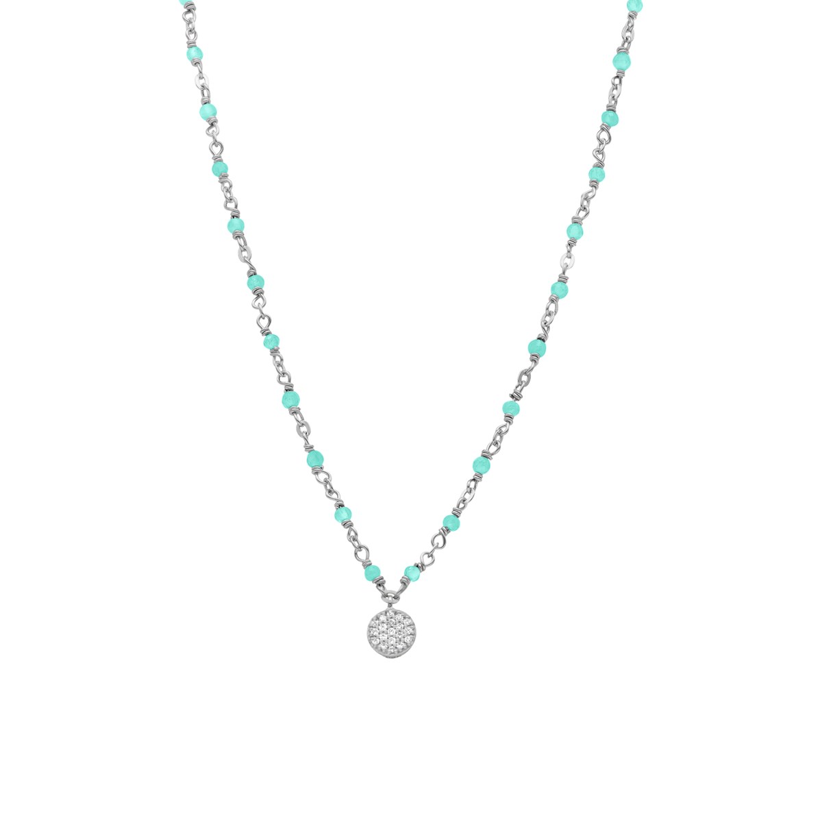 Collier Argent Rhodié Médaillon Serti Blanc Et Pierres Amazonite