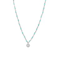 Collier Argent Rhodié Médaillon Serti Blanc Et Pierres Amazonite