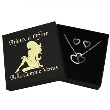 Parure 2 coeurs oxydes de zirconium blancs et noirs Argent 925 Rhodié