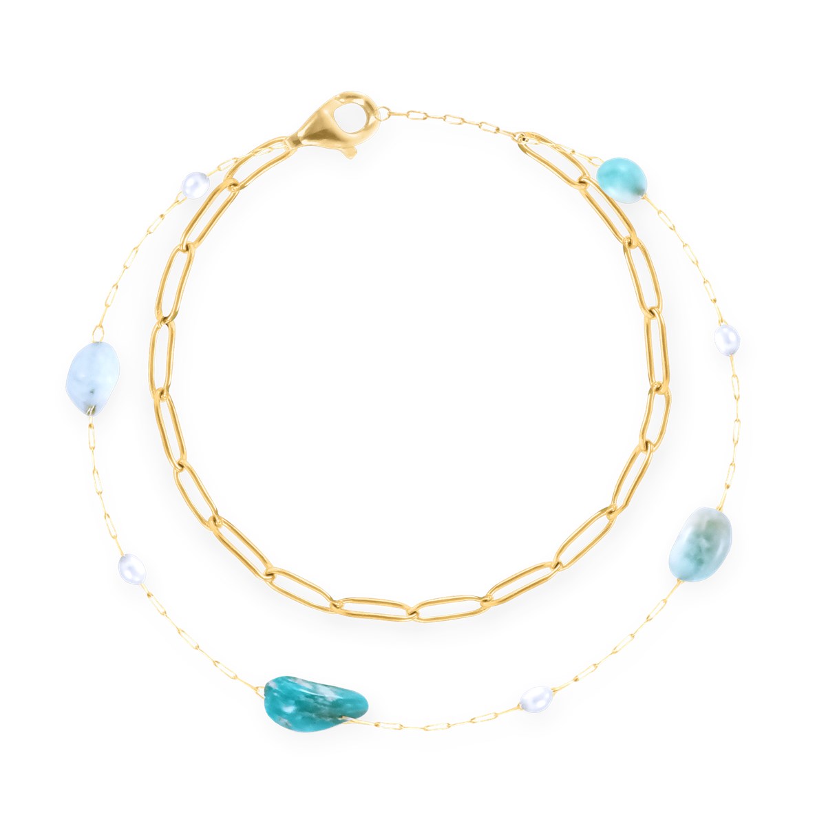 Bracelet en acier plaqué jaune avec apatites turquoises