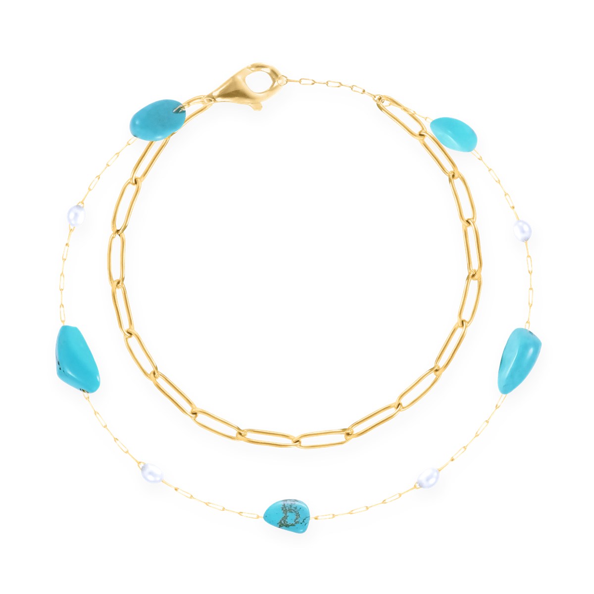 Bracelet en acier plaqué jaune avec apatites turquoises