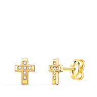 Boucles d'Oreilles Or 18 Carats 750 Jaune et Zirconiums - Motif Croix