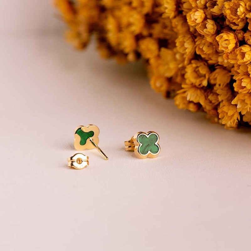 Boucles d'Oreilles Or 18 Carats 750 Jaune et Malachite - Trèfle - vue 3