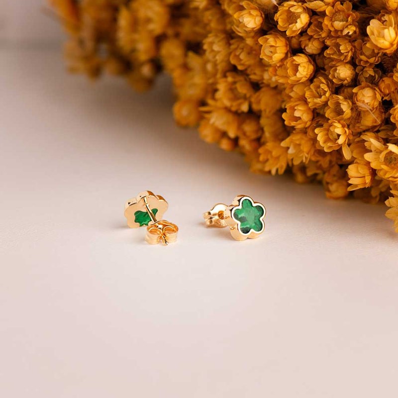 Boucles d'Oreilles Or 18 Carats 750 Jaune et Malachite - Fleur - vue 3