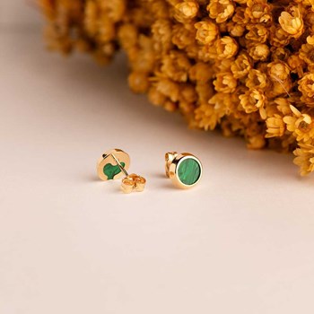 Boucles d'Oreilles Or 18 Carats 750 Jaune et Malachite - Rondes