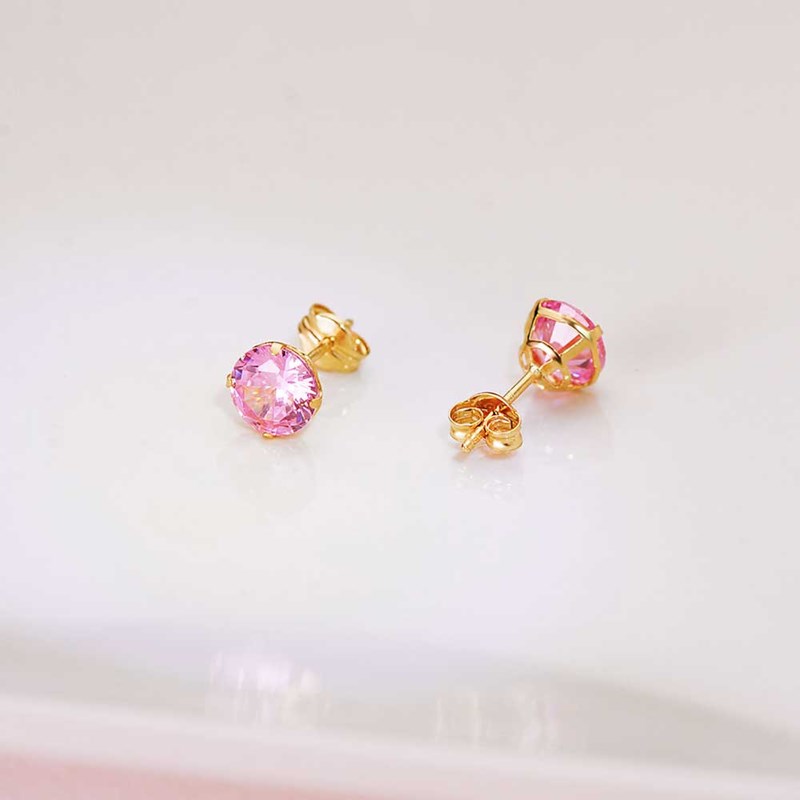 Boucles d'Oreilles Or 18 Carats 750 Jaune - Zirconiums Roses - vue 3