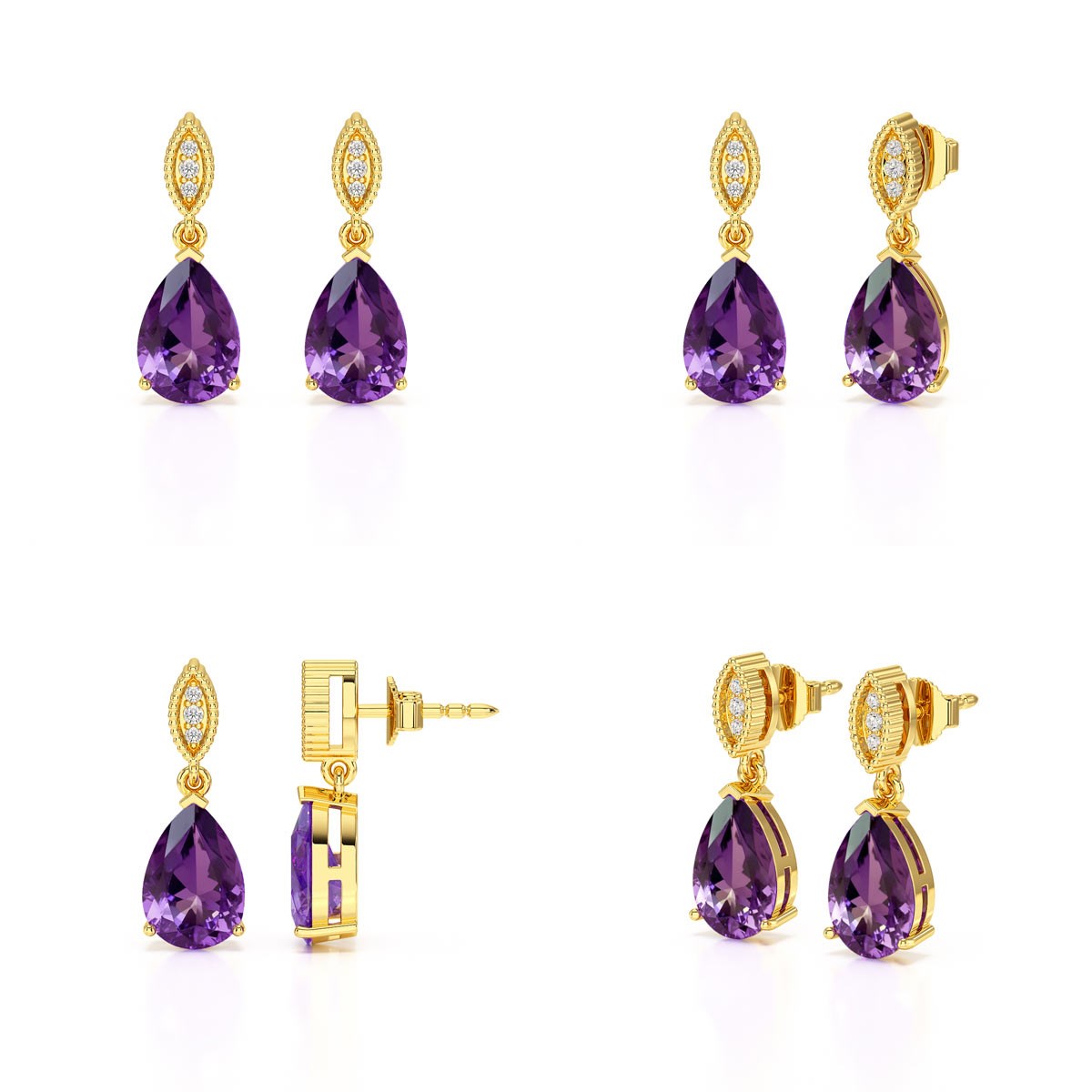 Boucles d'Oreilles Sophia Or 9 Carats et Améthyste | Bijoux de Luxe ADEN avec Diamants - vue 2