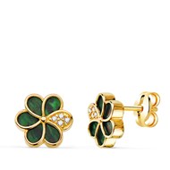 Boucles d'Oreilles Or 18 Carats 750 Jaune Motif Fleur - Malachite et Zirconium