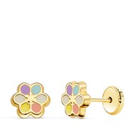 Boucles d'Oreilles Or 18 Carats 750 Jaune et émail - Fleurs