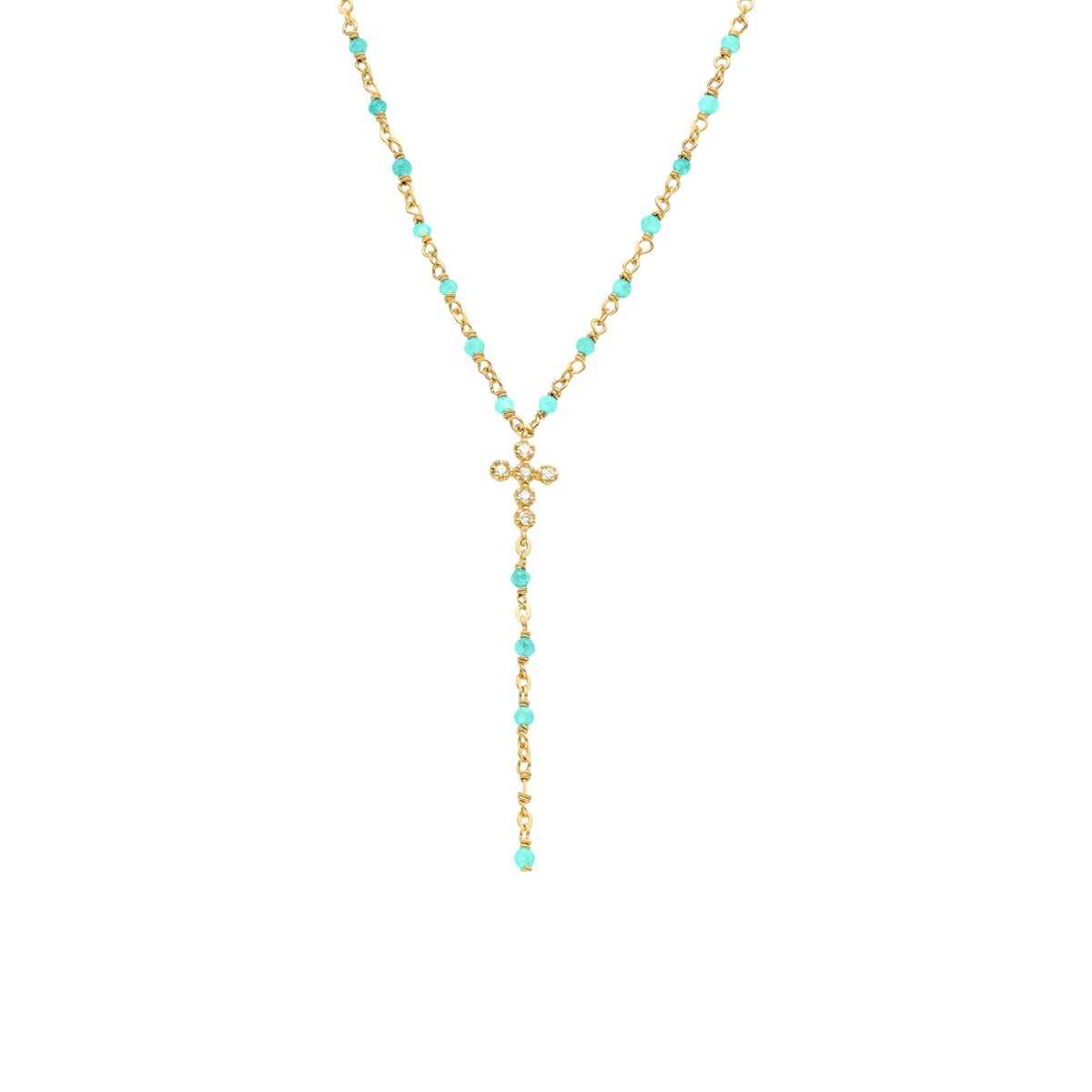 Collier Argent Doré Cravate Croix Et Pierres Amazonite