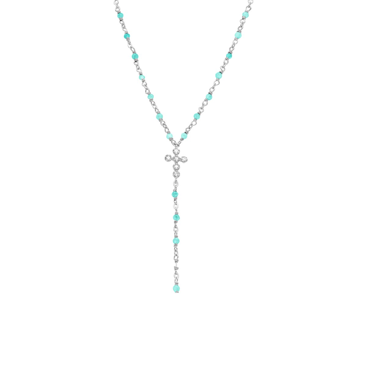 Collier Argent Rhodié Cravate Croix Et Pierres Amazonite