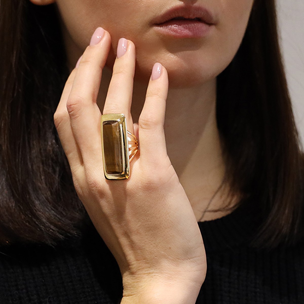 Bague à Volume Longue Argent Doré En Pierre Naturelle oeil De Tigre - vue 2