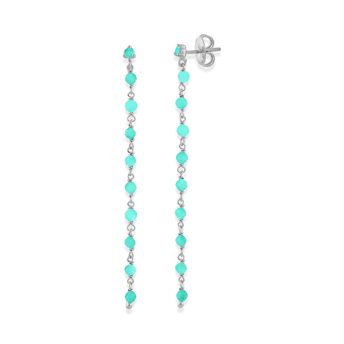 Boucles D'oreilles Argent Rhodié Chaine Longue Et Pierres Amazonite