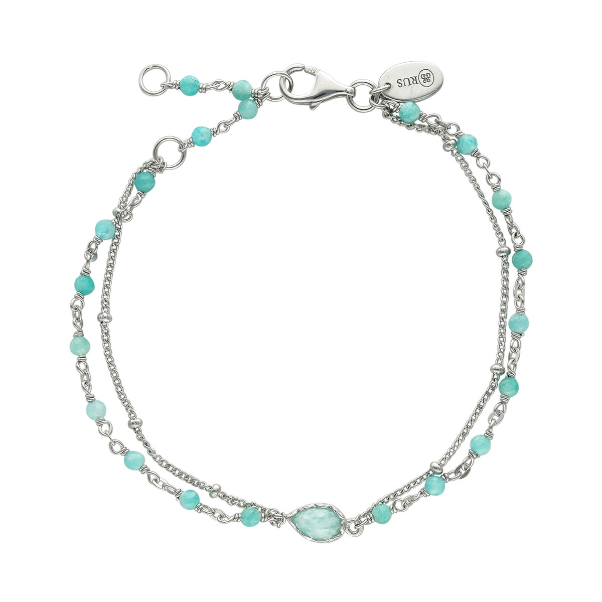 Bracelet Argent Rhodié Double Chaine Goutte Et Pierre Amazonite