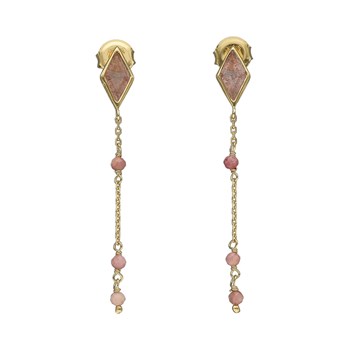 Boucles D'oreilles Argent Dorée Losange  Pierre Rhodonite Rose