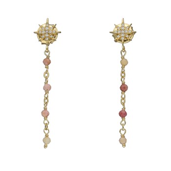 Boucles D'oreilles Argent Dorée étoile Zirconium Blanc Pierre Rhodonite Rose