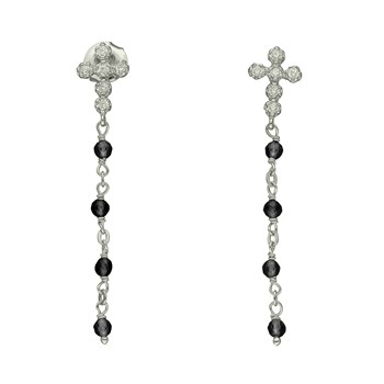 Boucles D'oreilles Argent Rhodié Croix Zirconium Blanc Pierre Spinelle Noire