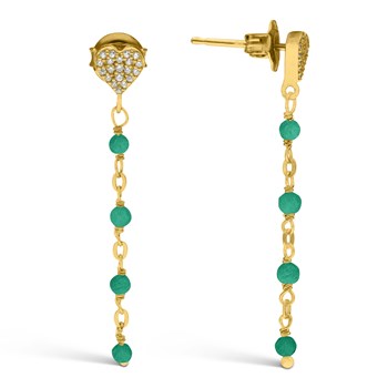 Boucles D'oreilles Argent Doré Pendantes Coeur Pierre Onyx Vert