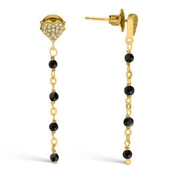 Boucles D'oreilles Argent Dorée Pendantes Coeur Pierre Spinelle Noire