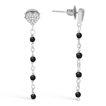 Boucles D'oreilles Argent Rhodié Pendantes Coeur Pierre Spinelle Noire