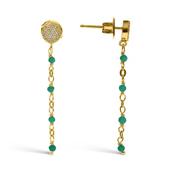 Boucles D'oreilles Argent Doré Pendantes Rondes Pierre Onyx Vert