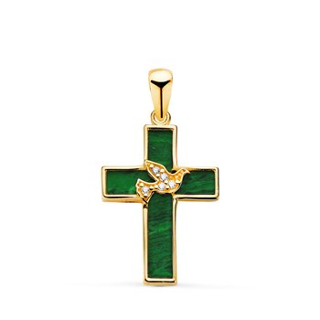 Pendentif  - Médaille Croix Or 18 Carats 750 Jaune et Malachite - Motif Colombe Serti  - Chaine Offerte