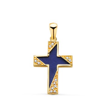 Pendentif  - Médaille Croix Or 18 Carats 750 Jaune - Lapis Lazuli et Zirconiums - Chaine Offerte