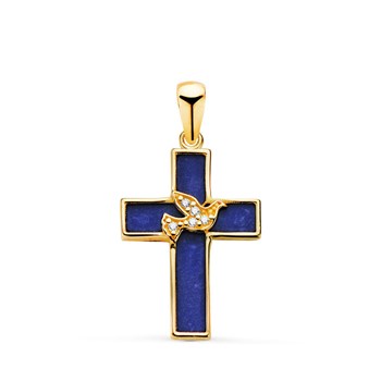 Pendentif  - Médaille Croix Or 18 Carats 750 Jaune et Lapis Lazuli - Motif Colombe Serti  - Chaine Offerte