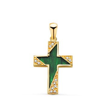Pendentif  - Médaille Croix Or 18 Carats 750 Jaune - Malachite et Zirconiums - Chaine Offerte