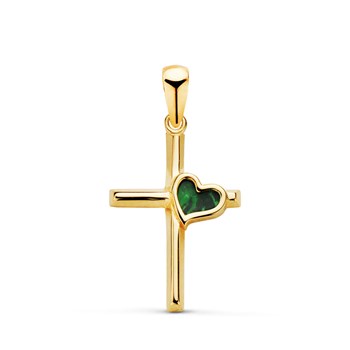 Pendentif  - Médaille Croix Or 18 Carats 750 Jaune - Coeur Malachite - Chaine Offerte