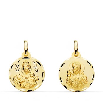 Pendentif Médaille Scapulaire Or Jaune - Vierge à l'Enfant et Sacré Coeur de Jesus - Chaine Offerte