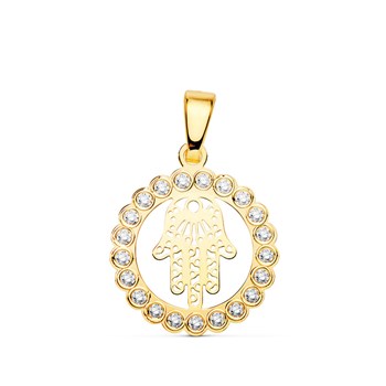 Pendentif Main de Fatma Or 18 Carats 750 Jaune et Zirconiums - Chaine Offerte