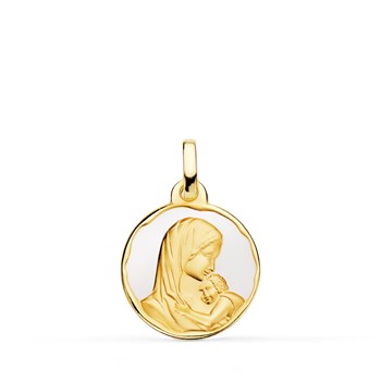 Pendentif - Médaille Or 18 Carats 750 Vierge à l'Enfant - Email Blanc - Chaîne et Gravure Offertes