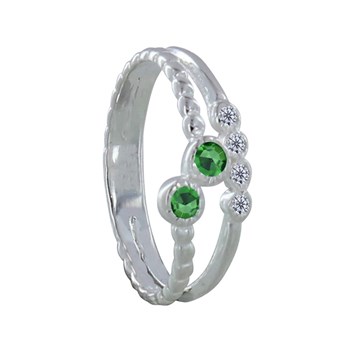 Bague Argent 925 Double 2 Strass Vert et 4 Petits Strass Cristal