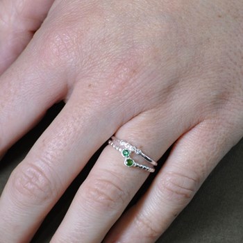 Bague Argent 925 Double 2 Strass Vert et 4 Petits Strass Cristal