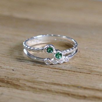 Bague Argent 925 Double 2 Strass Vert et 4 Petits Strass Cristal